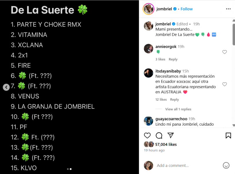 Publicación del artista Jombriel, la noche del 19 de mayo de 2025, con la lista de los temas que incluirá en su primer álbum 'De La Suerte'.Instagram